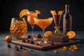 Cocktail with orange, chocolate and ice on a black background. generative ai