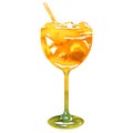 Cocktail with orange and ice, alcoholic beverage, refreshment, party drink, isolated, hand drawn watercolor illustration