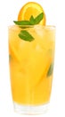 Cocktail with orange juice and ice cubes decorated leaf mint