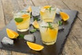 Cocktail. Orange juice with mint and ice on rustic wooden table Royalty Free Stock Photo