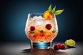 Cocktail with orange, mint and raspberries on dark background