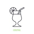 Cocktail with orange slice and straw. Outline icon. Vector illustration. Symbol of summertime, travel and all inclusive resort. Royalty Free Stock Photo