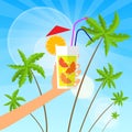 Cocktail over green palm tree blue sky vector Royalty Free Stock Photo