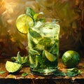 Cocktail Painting With Limes and Mint. Generative AI