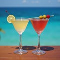 Cocktail pairing at seaside setting Tableau with two beverages against a backdrop of ocean Royalty Free Stock Photo