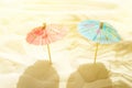 Cocktail paper umbrellas on beach sand in golden sunlight palm leaf shadow silhouette. Creative artistic stylized image. Summer