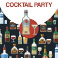 Cocktail party alcohol bottles vector illustration. Bar menu poster. Invitation Card with bottles of whiskey, scotch