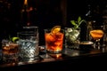 Cocktail party, alcohol drinks with gin, whiskey, vermouth and liquor, black bar counter background, nightlife atmosphere.ai