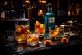 Cocktail party, alcohol drinks with gin, whiskey, vermouth and liquor, black bar counter background, nightlife atmosphere.ai