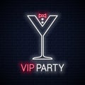 Cocktail party glass neon sign. Vip party neon Royalty Free Stock Photo