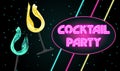 Cocktail party here. Bright horizontal vector banner in Realistic style. Glowing drink in a glass. Vintage lettering