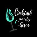 Cocktail party here. Glowing green drink in a glass. Realistic style. Vintage lettering, neon colors, 90s. For