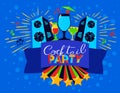 Cocktail party lettering on banner. Disco clud poster with loudspickers and music. Vector illustration