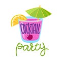 Cocktail party lettering, mixed drink in old-fashioned glass with lemon, cherry and umbrella, summer party promotion