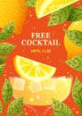 Cocktail party poster. Lemon lemonade drink, ice tropical fruits, creative restaurant alcohol menu, bar glass. Vector