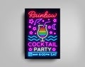 Cocktail party poster vector template. Rainbow Cocktail Party, Poster Neon, Neon Sign, Light Banner, Bright Invitation