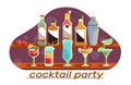Cocktail party, various cold alcoholic drinks in glasses different forms. Colored bright shots and tropical long drinks