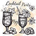 Cocktail party vector illustration. Linear style graphic food and drink elements isolated. Tropical mood. Perfect menu template.