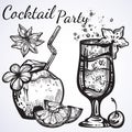 Cocktail party vector illustration. Linear style graphic food and drink elements isolated. Tropical mood. Perfect menu template.