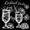 Cocktail party vector illustration. Linear style graphic food and drink elements isolated. Tropical mood. Perfect menu template.