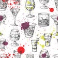 Cocktail party vector seamless pattern with hand drawn drinks and splashes Royalty Free Stock Photo