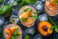 Cocktail with peach-mint and lime and ice cubes