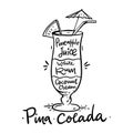 Cocktail Pina colada and its ingredients in vintage style. Hand draw vector illustration Royalty Free Stock Photo