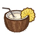 The cocktail Pina colada with a straw and slice of pineapple isolated on white background. Brown coconut.