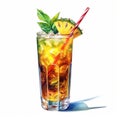 Cocktail with pineapple, mint and ice. Watercolor illustration Royalty Free Stock Photo