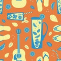 Cocktail pitcher, glass, flip flop, guitar vector seamless pattern background. Backdrop with carafe, drinks glasses