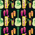 Cocktail pitcher, glass, flip flop, guitar vector seamless pattern background. Tropical backdrop with jugs, drinks