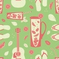 Cocktail pitcher, glass, flip flop, guitar vector seamless pattern background. Tropical color backdrop with carafe