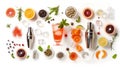 Cocktail preparation ingredients neatly laid out, including fruits, herbs, ice, and bar equipment Royalty Free Stock Photo