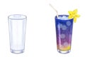 Cocktail purple blue fresh juice or alcoholic, empty transparent glass. Ice, straw, carambola. Hand drawn watercolor