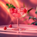 Cocktail with raspberries, mint and ice on a pink background. Royalty Free Stock Photo
