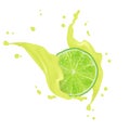 Cocktail realistic juice. 3d lime fruit with falling slices and