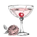 Cocktail in a retro crystal glass with rose flower and cherry. Isolated vintage style engraving.