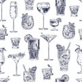 Cocktail seamless pattern. Hand drawn alcohol drinks cocktails with different glasses and goblets wallpaper bar menu Royalty Free Stock Photo