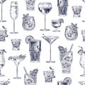 Cocktail seamless pattern. Hand drawn alcohol drinks cocktails with different glasses and goblets wallpaper bar menu vintage Royalty Free Stock Photo