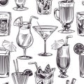 Cocktail seamless pattern. Hand drawn cocktails and alcohols drink with different wineglasses, bar menu. Vector texture