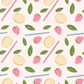 Cocktail seamless pattern. Mojito texture. Lemon, strawberries, and mint. Nice illustration for wrapping paper