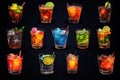 Cocktail set. Alcoholic drinks with ice, rum, cola, tequila, lemon, lime, berry, mint and ice cubes. Alcoholic cocktails set,