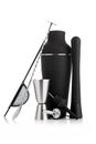 Cocktail set with black shaker and wooden muddler and measuring jigger with pourer on white Royalty Free Stock Photo