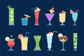 Cocktail set mix. Alcohol cocktails margarita, gin tonic, martini and vodka. Bar drinks flat icons, beverages with Royalty Free Stock Photo