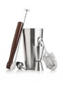 Cocktail set with shaker and wooden muddler and measuring jigger with strainer, pourer and spoon on white