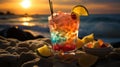 Cocktail Sex on the Beach on sand with background of sunset and sea. Sex on the Beach Cocktail. Horizontal format Ai generated Royalty Free Stock Photo