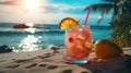 Cocktail Sex on the Beach on a sand beach. Sex on the Beach Cocktail. Horizontal format banner poster. Photo Ai generated Royalty Free Stock Photo