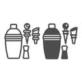 Cocktail shaker, jigger, liquor pourers line and solid icon, bar concept, bartender mixing set vector sign on white