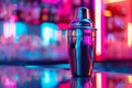 Cocktail Shaker on Neon Background, Singl Bar Drink Mixer, Metal Cocktail Shaker, Copy Space