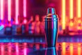 Cocktail Shaker on Neon Background, Singl Bar Drink Mixer, Metal Cocktail Shaker, Copy Space